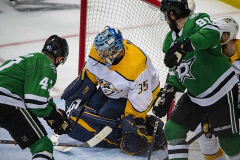 Apr 15, 2019; Dallas, TX, USA; Nashville Predators goaltender Pekka Rinne (35) defends against Dallas Stars right wing Alexander Radulov (47) and center Tyler Seguin (91) during the third period in game three of the first round of the 2019 Stanley Cup Playoffs at American Airlines Center. Mandatory Credit: Jerome Miron-USA TODAY Sports Apr 15, 2019; Dallas, TX, USA; Nashville Predators goaltender Pekka Rinne (35) defends against Dallas Stars right wing Alexander Radulov (47) and center Tyler Seguin (91) during the third period in game three of the first round of the 2019 Stanley Cup Playoffs at American Airlines Center. Mandatory Credit: Jerome Miron-USA TODAY Sports