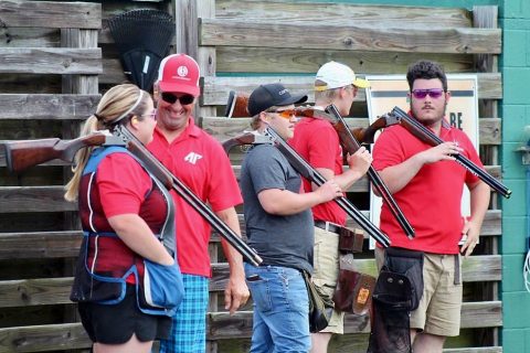 Austin Peay State University Clay Target Team (L to R) Makayla Boisseau, coach Marty Moore, Wylie Randall, John Michael Baggett and Hunter Purviance.