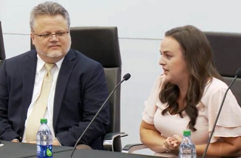 Dr. Jeff Thompson and Jaclyn Lyons talk to the Austin Peay State University Board of Trustees. (APSU)