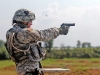 Fort Campbell, KY - 2nd Lt. Hannah Leadbetter, the maintenance platoon leader with the 2nd Battalion, 502nd Infantry Regiment, 2nd Brigade Combat Team, 101st Airborne Division (Air Assault), shoots the M-9 pistol for the Marksmanship Competition during the Week of the Eagles, Aug. 14. Leadbetter, who won the M-9 pistol segment of the competition, has been on the United States Military Academy national championship team for pistol shooting. (US Army photo by Spc. Joe Padula)