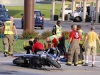 A Yamaha VTC motorcycle failed to stop at the red light at Beech Street and Providence Boulevard and crashed into a Ford Mustang, Sunday. (Jim Knoll, CPD)