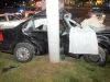 A 2002 VW Jetta crashed into a pole on the lot of Kentucky Fried Chicken on North Second Street early Sunday Morning. (Photo by CPD)