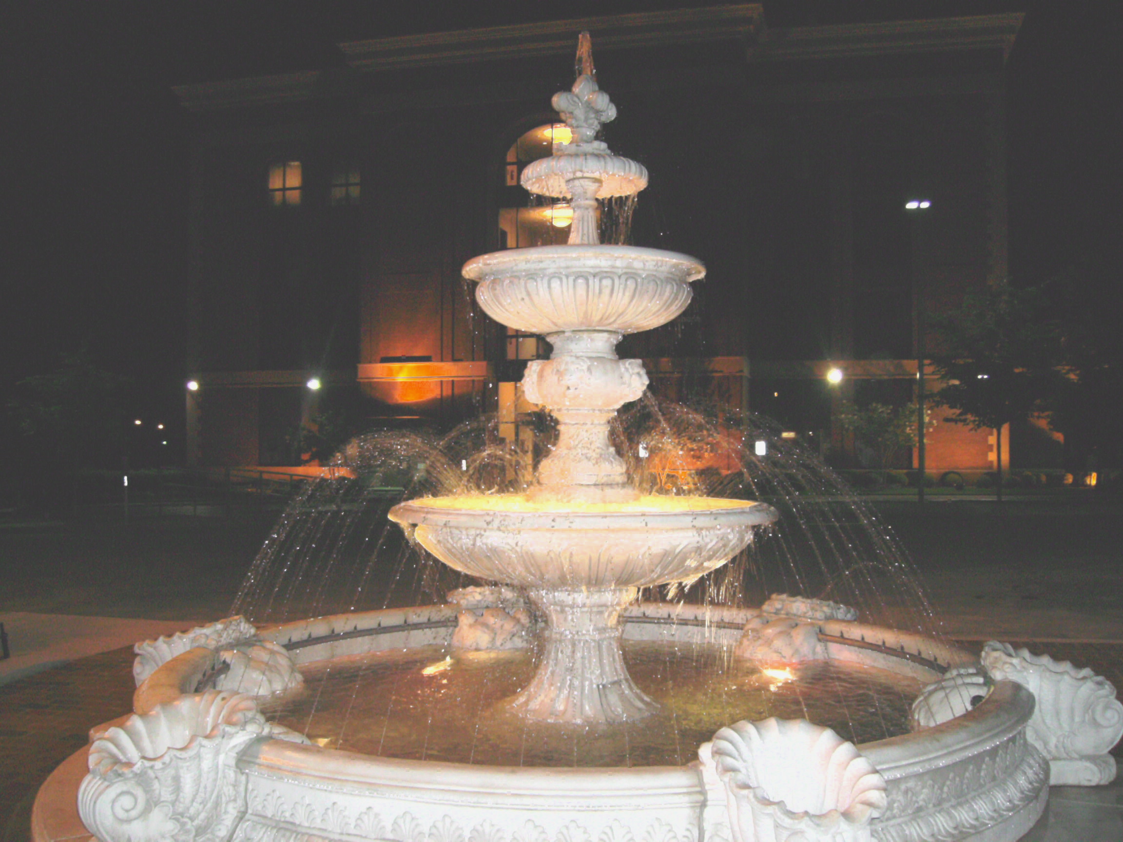 New decorative water fountain on Public Square with nighttime lighting