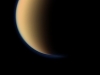 Orange and Blue Hazes - These views from Cassini look toward the south polar region of Saturn\'s largest moon, Titan, and show a depression within the moon\'s orange and blue haze layers near the south pole. (Image credit: NASA/JPL-Caltech/SSI)