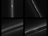 Exotic Trails or Mini-Jets: This set of four images obtained by NASA\'s Cassini spacecraft shows some of the more bizarre trails that were dragged out from Saturn\'s F ring by objects about a half mile (1 kilometer) in diameter.