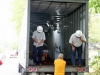 Transformer falls through roof of Tractor Trailer when utility pole is hit. (Photo by CPD-Jim Knoll)