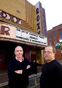 John McDonald and Tom Thayer in front of The Roxy Regional Theater