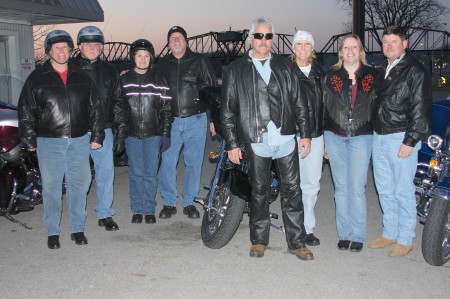 The improving weather over the last couple of days has encouraged motorcycle enthusiasts to bring out their cycles. In this picture are: Gilbert Pulley & Sonja Proctor, Gary & Raini Akins, Clarence & Laurie Slusher, and Jeff & Liz Jenson, all from Clarksville