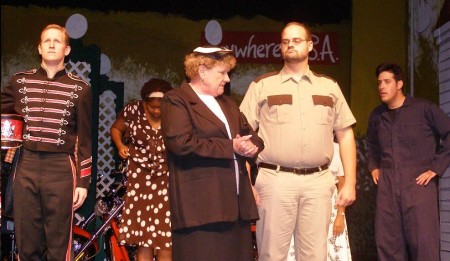 From left, Bradley Vile as Dean, Jennifer Whitcomb-Oliva as Sylvia (back), Linda Ellis as the Mayor, Anthony Scarsella as Sheriff Earl, and Brendan Cataldo as the widower, Jim Haller