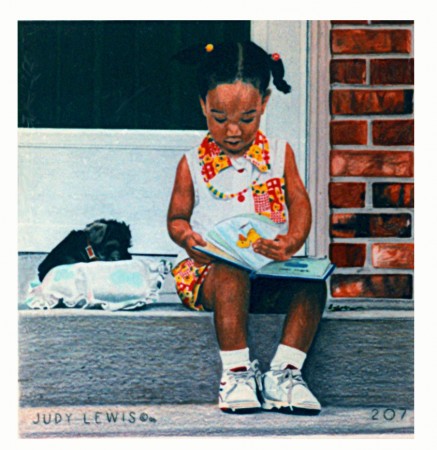 "Portrait of Alexis" (17 X 17, 1996) shows a young girl and her pet dog sitting on the steps as she enjoys coloring in her coloring book.