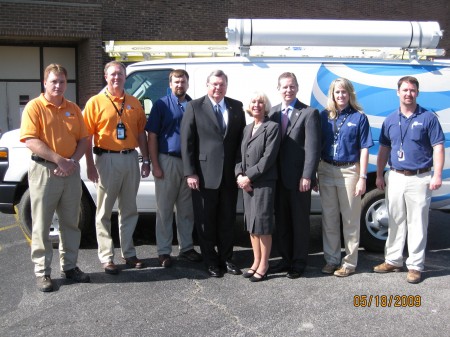 AT&T Uverse unveiling Paul Mahaney, AT&T Supervisor; Greg Poston, AT&T Area Manager; Jonathan Bumpus, Outside Plant Technician; State Representative Curtis Johnson; Lanie Johnson, AT&T Legislative and External Affairs; State Representative Joe Pitts; Alison Hayes, AT&T Service Technician/U-verse Field Support; Mike Watson, AT&T Network Manager.