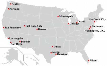 Map of Sanctuary cites in the United States from the English Language Wikipedia