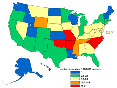 pidemiology Image 4 - Annual incidence per million population for Rocky Mountain spotted fever by state in the United States for 2002, as determined on the basis of cases reported to the National Electronic Telecommunications System for Surveillance.