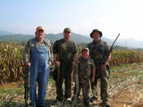 Four generations of sportsmen enjoyed the opening day of the 2008 dove hunting season in Washington County, Tennessee while hunting on the Jerry Smith farm. This farm was leased by TWRA to provide dove hunting opportunities for the public. Pictured from left to right are Clyde Campbell, Nathan Winters, Zach Winters (age 7), and David Campbell.