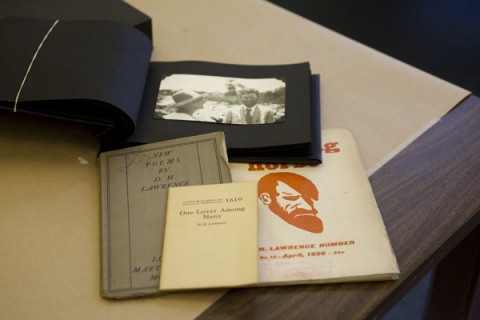 These items, along with a photograph of D.H. Lawrence, are part of the D.H. Lawrence collection in the APSU Woodward Library. (Melony Shemberger | APSU Public Relations and Marketing)