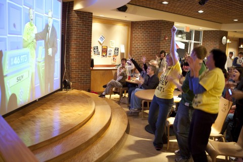 Kayla Mikel, an APSU nursing student, reacts with the crowd Tuesday morning as she wins big on the television game show “The Price is Right.” (Photo By Rollow Welch/APSU Public Relations and Marketing)