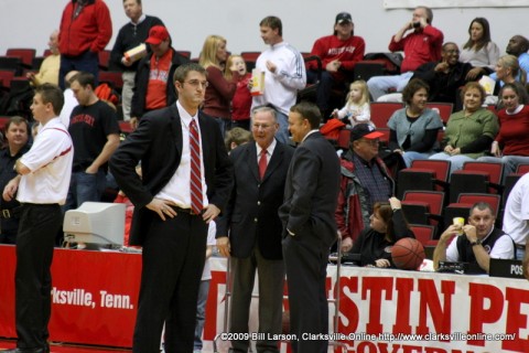 APSU Head Coach Dave Loos speaking with the Southeastern Missouri coach before the game