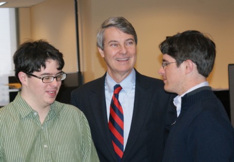 Roy Herron and his two oldest sons, John and Rick, wait as the clerk processes his official qualifying petition to run for U.S. Congress in Tennessee's 8th District. 