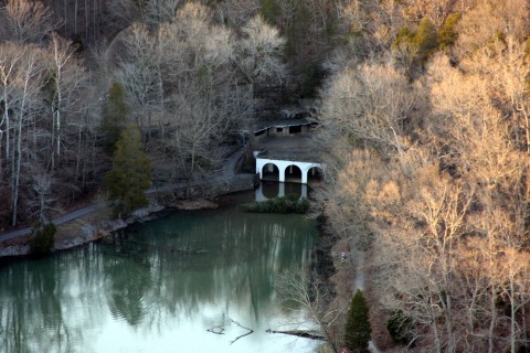 An aerial view of Swan Lake and the entrance to Dunbar Cave