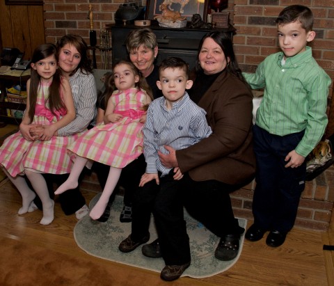 Linda Winford with Rebecca and her other family members. (left to right):   Jolene Crews holding Rosemary Lyons-Winford; Linda Winford holding Rebecca Lyons-Winford; Kathy Lyons holding Robert Lyons-Winford; and Ronald Lyons-Winford. (Tim Cope)