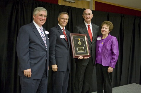 From left, Tim Hall, APSU president, and David Gregory, TBR vice chancellor, present Edgar R. Groves and his wife, Dorothy Groves, with the 2010 Chancellor’s Award of Excellence in Philanthropy during the annual Scholarship Donor Appreciation Dinner at APSU.