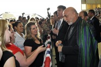 Hamid Karzai the President of Afghanistan talks to Soldiers and Family Members at Campbell Army Airfield during a brief Visit to Fort Campbell .