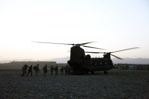 U.S. Army Soldiers from 3rd Battalion, 187th Infantry Regiment, 3rd Brigade, 101st Airborne Division load onto a CH-47 Chinook during an air assault mission. The mission to destroy an insurgent hiding cell took place in Janubi Nakum village, Yahya Khel district, Paktika province, June 27th-28th. (Photo by U.S. Army Sgt. Jeffrey Alexander,3rd Battalion, 187th Infantry Regiment)