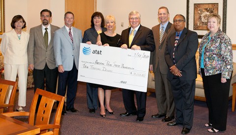 (from left) Dr. Patty Orr, assistant professor of nursing and the Lenora C. Reuther Chair of Excellence; Dr. Tristan Denley, provost and vice president of academic affairs; state Sen Tim Barnes, D-Adams; Dr. Chita Farrar, professor of nursing; Lanie Johnson, regional director of external affairs at AT&T; Tim Hall, APSU president; state Rep. Joe Pitts, D-Clarksville; Richard Jackson, vice president of legal and strategic affairs; and Dr. Sherryl Byrd, vice president of student affairs. (Photo by Melony Shemberger, APSU Public Relations and Marketing) 