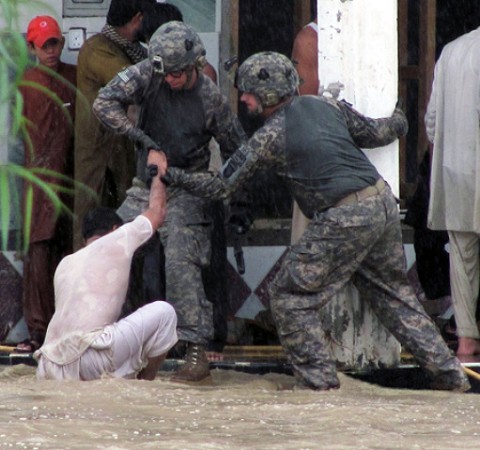 U.S. Army Sgt. 1st Class Patrick Stoner, of Latrobe, PA.,and U.S. Army Sgt. Robert Huff, of Erlanger, Ky, with Task Force Spartan, rescue an Afghan man from encroaching flood waters in the Nari Shahi village, Beshood District of eastern Afghanistan’s Nangarhar province July 28th. (U.S. Army courtesy photo) U.S. Army Sgt. 1st Class Patrick Stoner, of Latrobe, PA.,and U.S. Army Sgt. Robert Huff, of Erlanger, Ky., with the Military Police Platoon, Headquarters and Headquarters Company, Special Troops Battalion, Task Force Spartan, rescue an Afghan man from encroaching flood waters in the Nari Shahi village, Beshood District of eastern Afghanistan’s Nangarhar province July 28th. (U.S. Army courtesy photo)