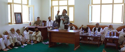 Kunar Deputy Sub-Governor Pacha adamantly addresses the elders of the Marawara district about the importance of following the Afghan constitution. The Kunar Provincial Reconstruction Team tutored the elders about Afghan law and government. (Photo by U.S. Air Force 1st Lt. Amy Abbott, Kunar Provincial Reconstruction Team)