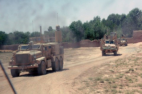 A view from inside: Mine Resistant, Ambush Protected vehicles of 1st Plt., 287th Engineer Co., a Lucedale, MS.-based Army National Guard unit, navigate a dirt road near Forward Operating Base Zormat July 18th. Since their arrival in theater in May, Guardsmen of the 287th Engineer Co. have been searching for roadside bombs in southeastern Afghanistan. (Photo by U.S. Army Sgt. Spencer Case, 304th Public Affairs Detachment)