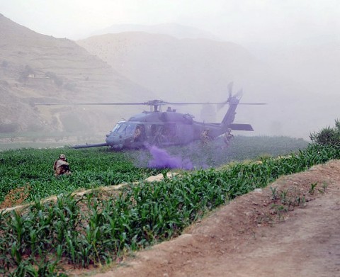 Task Force No Slack provides security while a medical evacuation helicopter lands on the outskirts of the Daridam village in eastern Afghanistan’s Kunar province during Operation Strong Eagle II. (Photo by U.S. Army Spc. Albert L. Kelley, 300th Mobile Public Affairs Detachment)