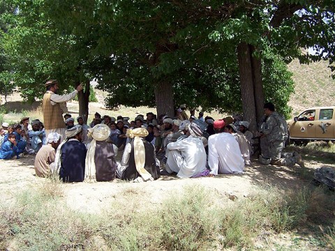 Dawlet Khan, Bermel District sub governor, speaks to villagers during a Shura he hosted in Faqiran Village July 5. Afghan National Security Forces and Rakkasan Soldiers provided security for the Shura. (U.S. Army Courtesy Photo)