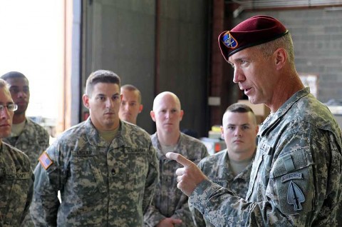 The 160th Special Operations Aviation Regiment (Airborne) Commander, Col. John Thompson, talks with the Soldiers of Quick Reaction Capability 2, the unmanned aerial systems company, following a patch ceremony at Fort Huachuca, AZ, July 19th, authorizing the unit to wear the USASOC shoulder patch. (Photo courtesy of the 160th Special Operations Aviation Regiment (Airborne))