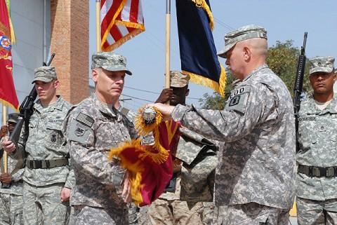 U.S. Army Col. Thomas Langowski (right), 52nd Ordnance Group commander and incoming Task Force Paladin commander, and U.S. Command Sgt. Major Robert Hockstedler, 52nd Ordnance Group and incoming Task Force Paladin command sergeant major. (Photo by U.S. Army Spc. Jay Venturini, 304th Public Affairs Detachment)