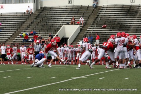 Isaac Ziolkowski launches a kick downfield during a Saturday morning scrimage