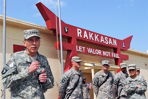 U.S. Army Gen. David H. Petraeus, commanding general of the International Security Assistance Force and commander of U.S. forces in Afghanistan, speaks to a crowd of Soldiers during a short stop at Foward Operating Base Salerno Aug. 19th.  During his visit, he met with Task Force Rakkasan Soldiers from the 3rd Brigade, 101st Airborne Division, and presented awards to a few deserving Soldiers for combat actions.  (Photo by U.S. Army Sgt. Brent C. Powell, 3rd Brigade, 101st Airborne Division)