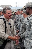 Rep. Gene Taylor, who represents the 4th District of Mississippi in the U.S. Congress, shakes the hand of U.S. Army Sgt. Jameel Allen, a noncommissioned officer with the 287th Engineer Co. who hails from Hattiesburg, Miss. Taylor was one of five members of the House Armed Services Committee who visited troops at Forward Operating Base August 2nd. (Photo by U.S. Army Sgt. Spencer Case 304th Public Affairs Detachment)