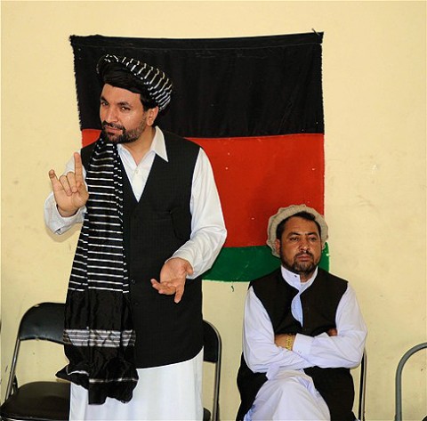 Abdul Jabar Naeemi, governor of Khowst Province, addresses nearly 50 local tribal elders and leaders during a peace shura at Combat Outpost Musa Kheyl Aug. 15th. The historic meeting was the first time members of the new Government of the Islamic Republic of Afghanistan have been to the area. Naeemi listened to the elders concerns, and promised to provide future assistance with clinics, schools and construction projects in the area.  (Photo by U.S. Army Sgt. Brent C. Powell, 3rd Brigade, 101st Airborne Division)