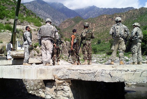 The 2nd Brigade, 201st Corps Afghan National Army Engineers inspect the area with Company G, 2nd Battalion, 327th Infantry Regiment, Task Force No Slack during Dab Bridge reconstruction here August 6th-8th. The bridge was damaged during a flood and limited military and civilian transportation. (Photo by U.S. Army Staff Sgt. Thomas White, Task Force Bastogne)