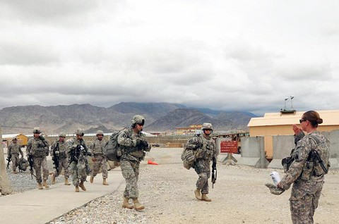 U.S. Army Maj. Gen. John Campbell, Combined Joint Task Force-101 commander, arrives at Forward Operating Base Mehtar Lam to conduct a battlefield assessment July 29th. (Photo by U.S. Air Force Staff Sgt. Ave I. Pele, Task Force Bastogne)