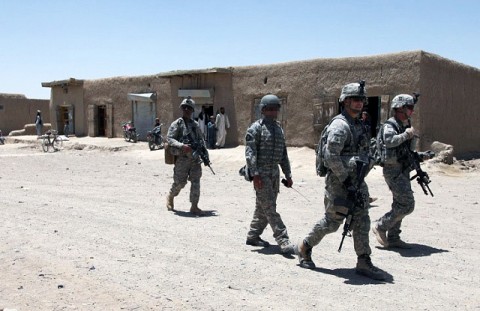 Soldiers from Company C, 3rd Battalion, 187th Infantry Regiment, 3rd Brigade, 101st Airborne Division, patrols through a bazaar area in the Waza Kwah District in Paktika Province. Recently, the Iron Rakkasans have been conducting patrols and searches in the Mata Khan District in an effort to cripple enemy activity in the area. (Photo by U.S. Army Sgt. Jeffrey Alexander, 982nd Combat Camera Company)