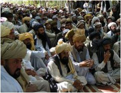 Nearly 600 tribal leaders and elders from local villages listen to speeches during a recent peace meeting held at Forward Operating Base Kahyr Khot Castle in the Zarghun Shar District.  Members of the Afghan National Army, as well as Soldiers of Company B, 3rd Battalion, 187th Infantry Regiment, 3rd Brigade, 101st Airborne Division provided security for the historic gathering.  (U.S. Army courtesy photo)