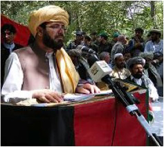 Paktika Province Governor Moheebullah Samim address nearly 600 tribal leaders and elders from local villages during a recent peace meeting held at Forward Operating Base Kahyr Khot Castle in the Zarghun Shar District. Members of the Afghan National Army, as well as Soldiers of Company B, 3rd Battalion, 187th Infantry Regiment, 3rd Brigade, 101st Airborne Division provided security for the historic gathering. (U.S. Army courtesy photo)