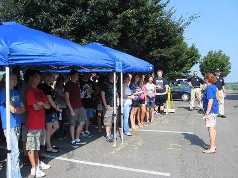 Kaye Jones talking to the class of 70 students about the driving course before they start the driving part of the class.