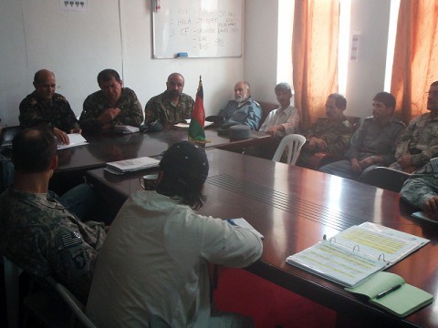 Soldiers with 3rd Battalion, 187th Infantry Regiment, 3rd Brigade Combat Team, gather with Afghan National Security Forces and Afghan Government officials August 1st in Paktika province, discussing the security process ahead for the coming elections. (U.S. Army courtesy photo)