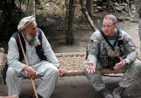 Kunar Province, Afghanistan, Afghanistan – U.S. Army Capt. Dakota Steedsman of Harvey, N.D., company commander of Company D, 1st Battalion, 327th Infantry Regiment, Task Force Bulldog, discusses crop diversification programs with elders of the village of Shamun in eastern Afghanistan’s Kunar province during a July 14th meeting. (Photo by U.S. Army Staff Sgt. Gary A. Witte, 300th Mobile Public Affairs Detachment)