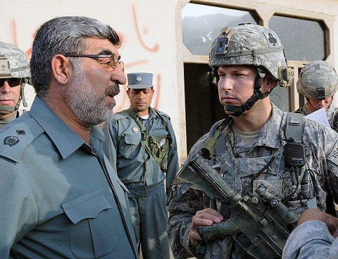 Kunar Province, Afghanistan, Afghanistan - Afghan National Police Gen. Ziayee, the Kunar provincial police chief, talks to U.S. Army Lt. Joseph A. Ryan of Pearl River, NY, the battalion commander of 1st Battalion, 327th Infantry Regiment, Task Force Bulldog, during a July 18 visit to an ANP checkpoint at eastern Afghanistan’s Shege village. (Photo by U.S. Army Staff Sgt. Gary A. Witte, 300th Mobile Public Affairs Detachment)