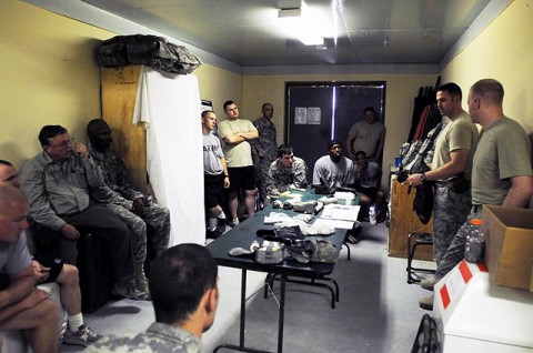 Laghman Provincial Reconstruction Team members meet in their barracks to participate in a combat lifesaver refresher course taught by medics U.S. Air Force Master Sgt. Simon Deyell from Peterson Air Force Base, CO, and U.S. Air Force Senior Airman Jeffrey Marr from Ramstein Air Base, Germany, Aug. 12th. (Photo by U.S. Air Force Staff Sgt. Ave I. Pele, Laghman Provincial Reconstruction Team Public Affairs)