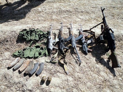 Numerous weapons and ammunition were captured by Task Force Iron Rakkasan Soldiers during a morning patrol Sept. 27th in Deh Yak District, Ghazni Province, Afghanistan. Working with two AH-64 Apache helicopters from TF Brawler, TF Iron Soldiers were able to engage and kill three armed insurgents, one of which was on a motorcycle and tried to flee. (U.S. Army courtesy photo)